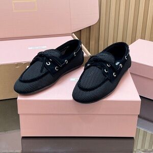 Women's Miu Miu Logo-Embossed Mesh & Suede Boat Shoes Loafers in Black